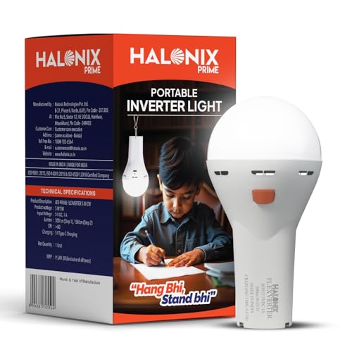 Halonix 5W Portable Emergency Inverter Bulb | Rechargeable Led Light For Power Cuts & Camping | Type-C Usb Charging | Up To 4 Hours Backup | Hanging Clip Included | Cool Day Light | Pack Of 1