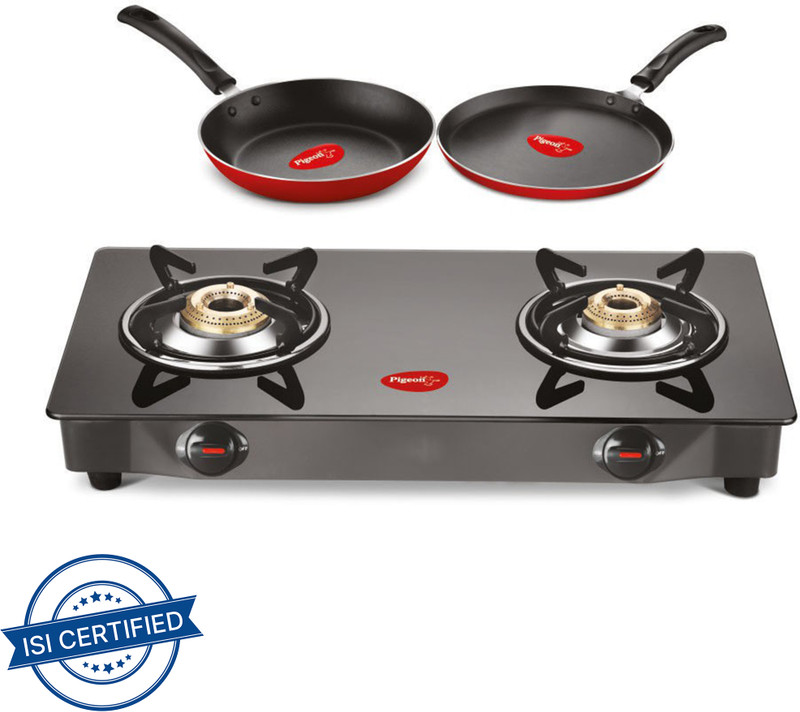 Pigeon Combo – Brunet Cooktop + Flat Tawa 250 + Fry Pan 240 Glass Manual Gas Stove(2 Burners)