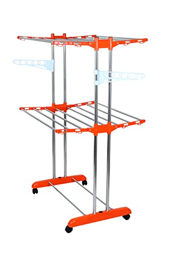 Mega Stand Mega Clothing Stand|Stylish Garment Stand|Clothes Hanging Rack|Clothes Hanger For Balcony&Bedroom|2-Tier Folding Clothes Rail Clothes Horses Drying Rack (Orange) Stainless Steel