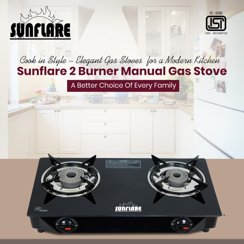 Sunflare Cute 2B Toughened Glass Tornado Burner(Bk) Glass Manual Gas Stove(2 Burners) Glass Manual Gas Stove(2 Burners)