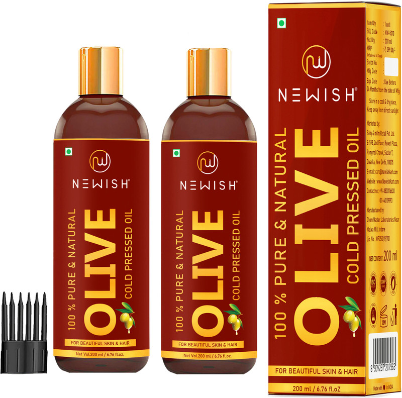 Newish Pure Cold Pressed Olive Oil, Baby Massage ,Clinically Tested ,Hair Skin Oil, Faster Physical Growth ,Strengthens Hair Roots, Reduces Wrinkles Pack Of 2 400 Ml Hair Oil(400 Ml)