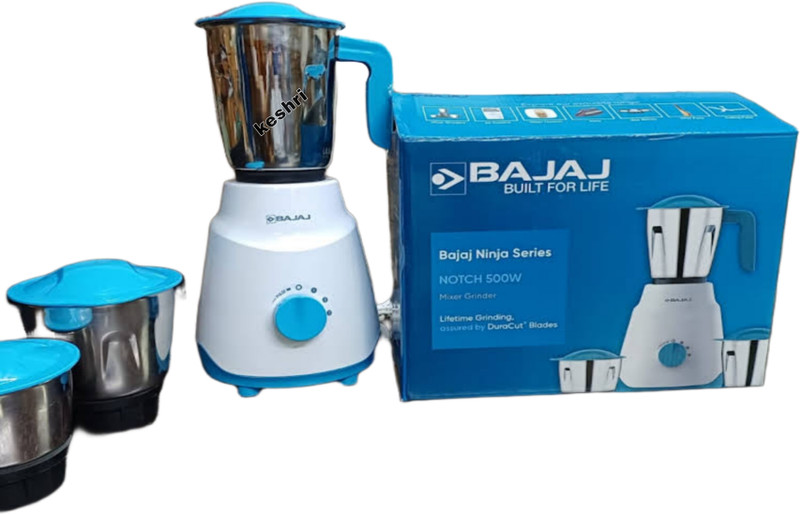 Bajaj Notch Mixer Grinder French Blue 500 W Mixer Grinder(Notch Mixer Grinder J French Blue | 3 Jars | Blue)