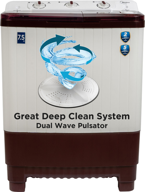Midea 7.5 Kg Semi Automatic Top Load Washing Machine Maroon, White(Mwmsa075Ppg(Mw))