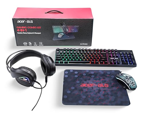 Acer 4 In 1 Wired Gaming Combo, 7 Color Led Backlit Keyboard, Rgb Mouse (1200/1600/2400 Dpi), Premium Gaming Headset (50Mm Driver, 120Db) With Mixed Light Effect, Fabric Weave Mousepad (Black)