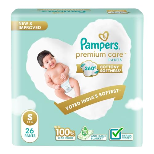Pampers Premium Care Pant Style Baby Diapers, Small (S), 26 Count, 4-8 Kg, All-In-1 With 360 Cottony Softness Diapers