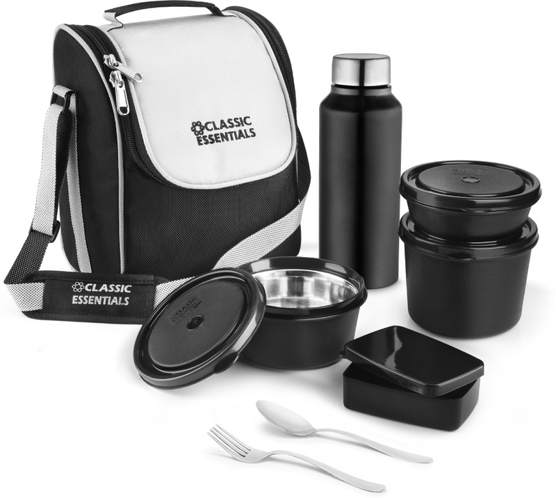 Classic Essentials Microwave Safe Lunch Box Set Of 5 With Bottle, Bag & Cutlery| 5 Containers Lunch Box(1250 Ml, Thermoware)