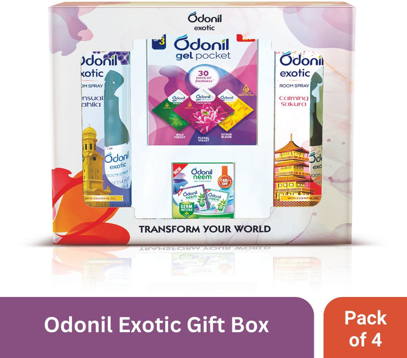 Odonil Exotic Gift Box |Gel Pocket Mix + Neem Air Freshner + 2 Room Spray Blocks Exotic Gift Box |Gel Pocket Mix + Neem Air Freshner Block + 2 Exotic Room Spray(4 X 155.5 G)
