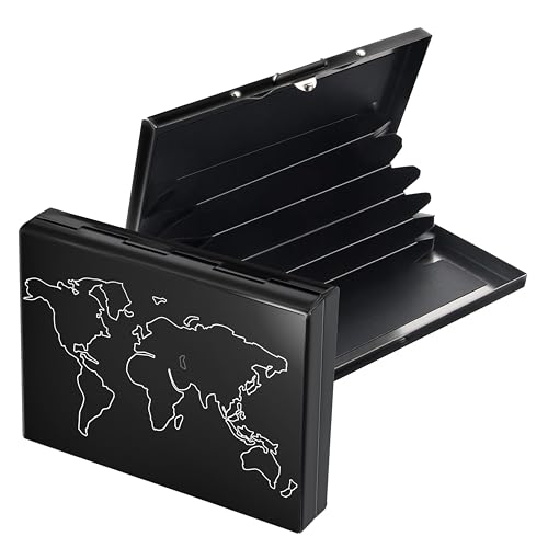 Storite 6 Slot Rfid Metal Credit Card Holder Wallet For Men Women (Black Laser Print World Map-6.5 X 1.3 X 9.5 Cm)