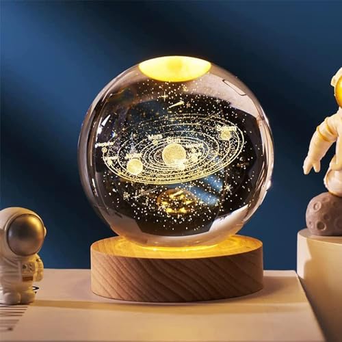 Allwin Houseware 3D Planet Crystal Ball Night Lamp, Solar System Night Light, Usb Table Colorful Led Wooden Crystal For Teens Boys And Girls