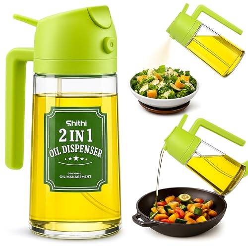 Shithi 2-In-1 Oil Spray Bottle For Cooking – Refillable Glass Dispenser (500Ml) With Spray & Pour Nozzle For Olive Oil, Air Fryer, Bbq, Salad & More – Food Grade And Easy To Use