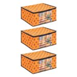 Prettykrafts Set Of 3 Non-Woven Printed Foldable Saree Covers/Wardrobe Organizer With Transparent Window And Zip/Clothes Storage Bag For Women’S Lehenga, Suit Saree & Other Accessories (Orange)