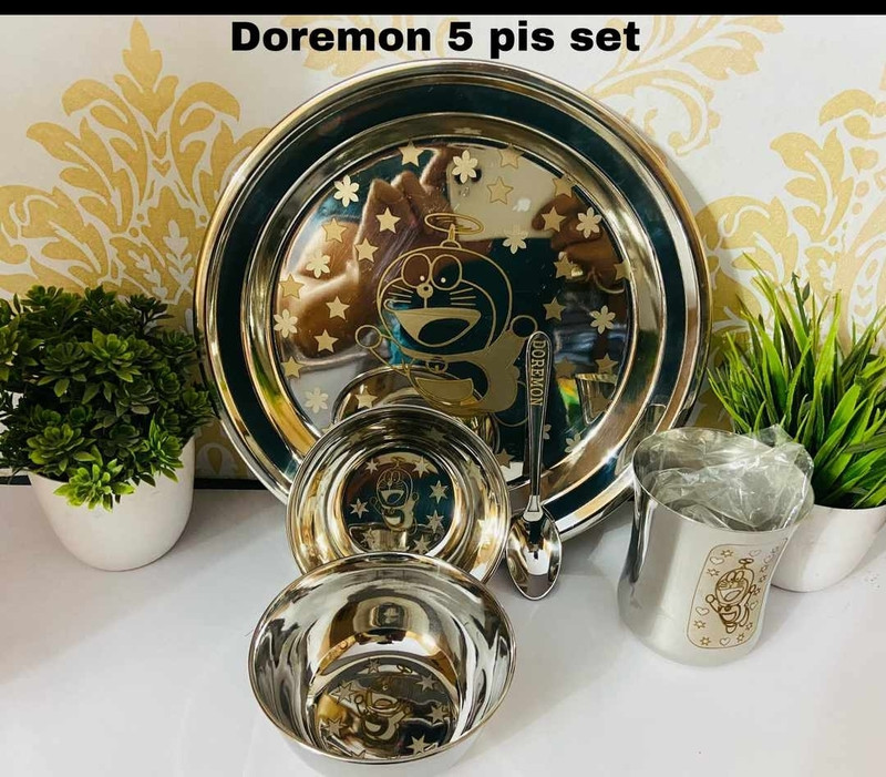 Vaani Pack Of 5 Stainless Steel Doremon Kid Set Dinner Set(Silver)