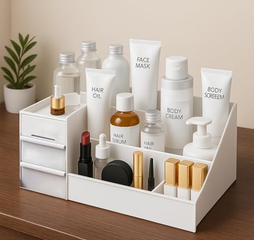 Panca Cosmetic Organizer Box With Drawers | Multipurpose Plastic Makeup & Stationery Storage Organizer For Women | Desktop Vanity Storage Box For Dressing Table, Bathroom & Office Use