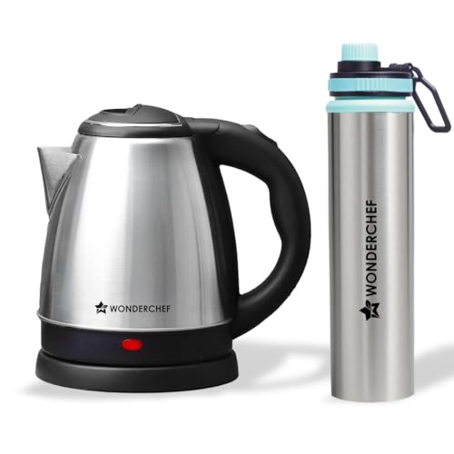 Wonderchef Acura Stainless-Steel Kettle 1.5L + Sippy Stainless-Steel Bottle, Rapid Water Boiling In 4 Mins, Auto Shut-Off, Gift Combo For Diwali And Other Festivals, Housewarming | 2-Year Warranty