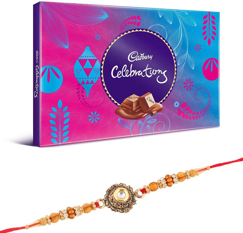 Cadbury Celebration Chocolate Hamper | Brautiful Stone Rakhi | Beautiful Stone Rakhi Gift For Brother | Surprise Rakhi Gift Sf4/21Fav Rakhi Combo(1 Dairy Milk Celebration Pack (120G) – 1 Stone Rakhi, Roli, Chawal, Chandan, Misri)
