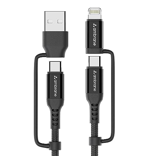 Ambrane 4-In-1 Type-C & Lightning Usb Cable With 60W Fast Charging, 480Mbps Data Sync, Pd Technology, Compatible With All Type-C And Apple Devices, 1.2M (Acqcs-12 Black)