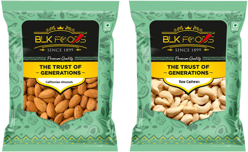 Blk Foods Select California Almond & Cashew 400G Dry Fruits Combo Pack- Cashews, Almonds(2 X 200 G)