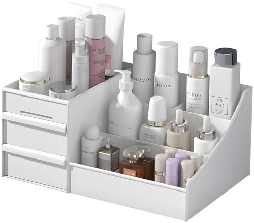 Boniry Makeup Organizer With Drawers Vanity Storage Box, Versatile Plastic Makeup Organizer, Perfect For Home And Office Use For Countertop Cosmetics Display Case Holder (White)