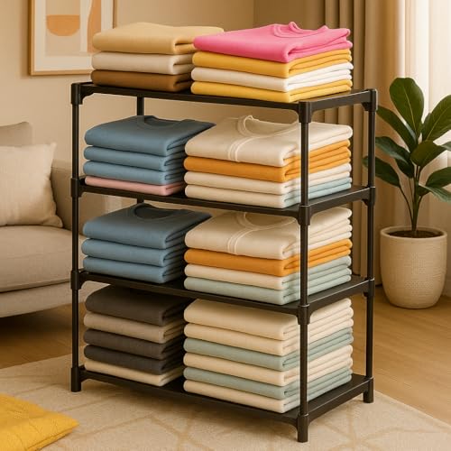 Subekyu Collapsible Wardrobe 4 Shelves Storage Clothes Storage Rack Quick/Cabinet/Multipurpose Storage Rack, Foldable, Large Capacity Organizer-Black