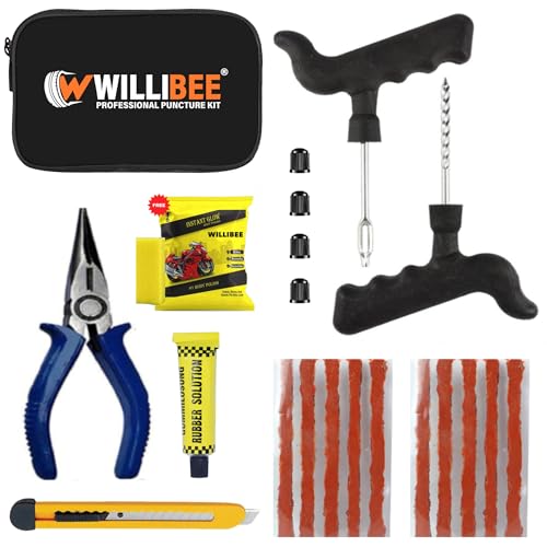 Willibee 8-In-1 Tubeless Tyre Puncture Repair Kit For Car, Bike, Scooter & Suv – Universal Emergency Tyre Fix Tool Set, Flat Tire Puncher Repair Kit (With Storage Bag).