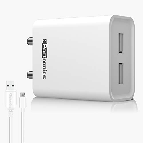 Portronics Adapto 66 2.4A 12W Dual Usb Port 5V/2.4A Wall Charger,Comes With 1M Micro Usb Cable, Usb Wall Charger Adapter For Iphone 11/Xs/Xs Max/Xr/X/8/7/6/Plus(White)