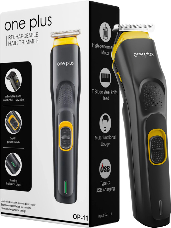One Plus Op 11 Cordless Professional Hair Trimmer Titanium Coated Blade Waterproof Trimmer 120 Min Runtime 4 Length Settings(Black, Yellow)