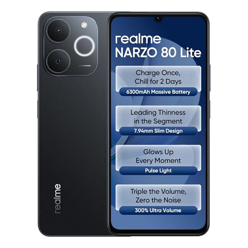 Realme Narzo 80 Lite 4G (Obsidian Black, 4Gb+64Gb) | 6300Mah Segment’S Biggest Battery | 7.94Mm Slim Design | 300% Ultra Volume | Pulse Light: 9 Colors, 5 Glow Modes | Ai Assist