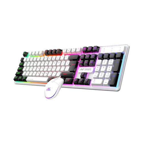 Ant Esports Km1610 Led Keyboard And Mouse Combo, 104 Keys Rainbow Backlit Keyboard And 7 Colour Rgb Mouse, White Gaming Keyboard And Mouse Combo For Pc Laptop Xbox Ps4 Gamers And Work