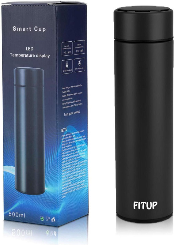 Fitup Smart Water Bottle Double Walled Drink Hot & Cold, Led Temperature Display 500 Ml Flask(Pack Of 1, Black, Aluminium)