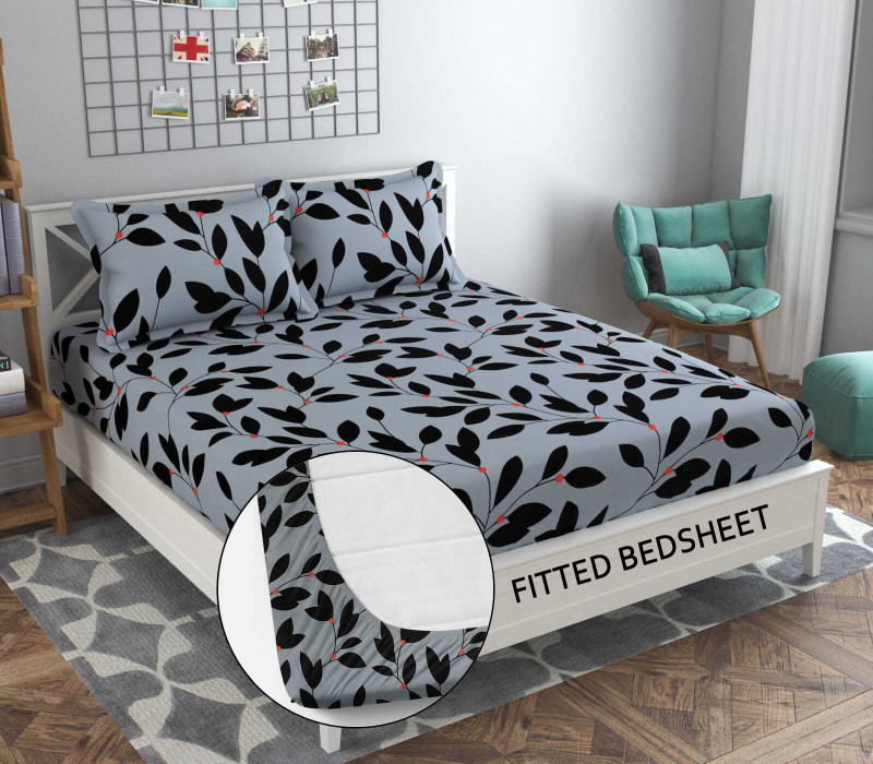 Decent Home 240 Tc Cotton Double Floral Fitted (Elastic) Bedsheet(Pack Of 1, Grey Fits Upto 6 Inches Mattress)