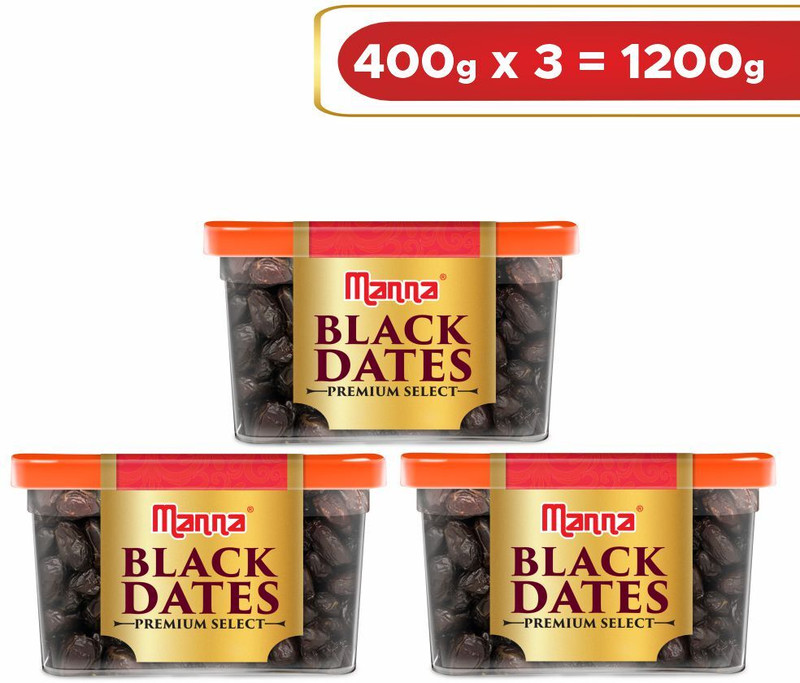 Manna Black Dates – 1.2Kg (400G X 3 Packs) | Select Premium Organic Handpicked Dates | Khajoor | Khajur | Soft Dried Healthy Snack | Soft & Juicy Texture | Zero Added Sugar & Preservatives | Rich In Iron, Fibre & Vitamins Dry Dates Dry Dates(3 X 400 G)