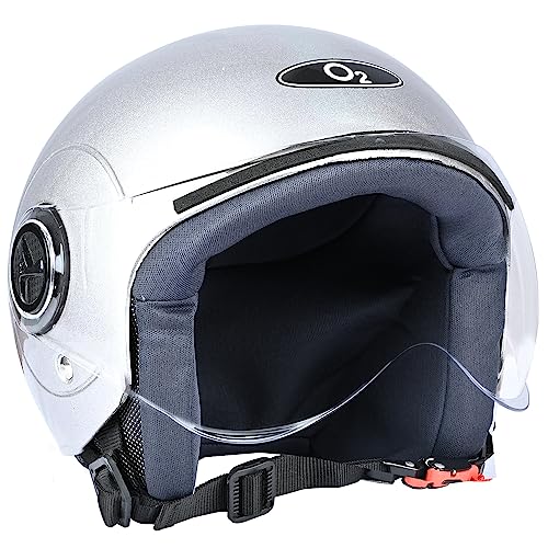O2 Open Face / Half Face Helmet Unisex For Bike Women Men Isi Certified With Clear Visor Smooth Finish Lightweight & Compact (Silver, 540Mm Medium)
