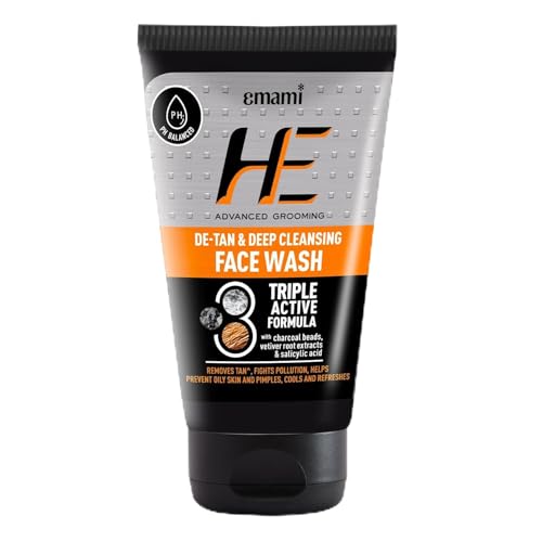 He De-Tan & Deep Cleansing Face Wash | Removes Tan, Fights Pollution, Helps Prevent Oiliness & Pimples, Cools & Refreshes | With Charcoal, Vetiver Root Extracts, Salicylic Acid, Refreshing Menthol | Long Lasting Freshness | For All Skin Types 100Ml
