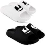 Fuliva Men Slides(White, Black , 6)