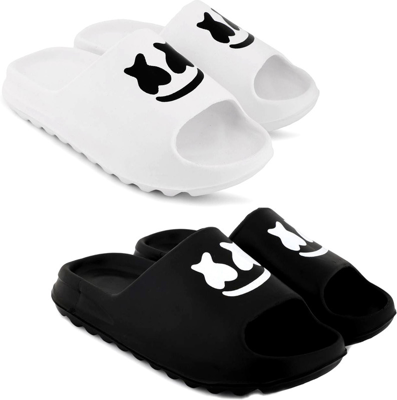 Fuliva Men Slides(White, Black , 6)