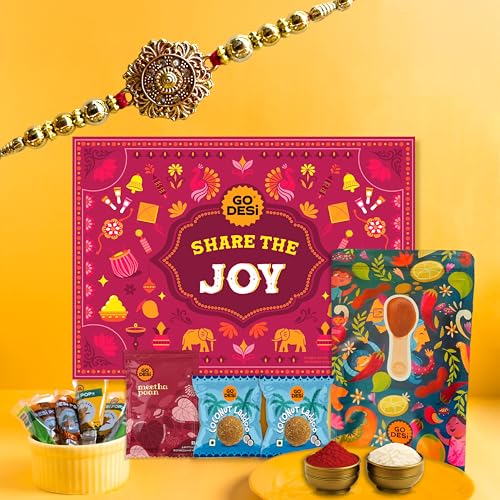 11 Items | Share The Joy Gift Box | Single Rakhi | By Go Desi | Coconut Laddu | Desi Popz: Tangy Imli, Real Aam, Kaccha Aam | Meetha Paan | Roli Chawal Set | Rakhi For Brother | Gifts For Raksha Bandhan | Raksha Bandhan Gift Hamper