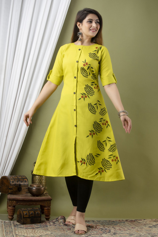 Zivapez Women Floral Print Frontslit Kurta(Yellow)