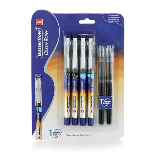 Cello Butterflow Classic Roller Pen Set | Pack Of 4 Roller Pens | 2 Blue & 2 Black Ink Colour Pens + 2 Jumbo Refills | Smooth Writing Experience | For Students And Office Use | Best Pen For Exams