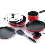 Crystal Aluminium Classic Series 7-Pc Non-Stick Cookware Set, Pfoa Free, Tawa, Vagariya, Kadhai With Ss Lid, Fry Pan, Sauce Pan, 1 Spatula, Red