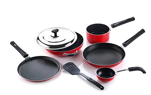 Crystal Aluminium Classic Series 7-Pc Non-Stick Cookware Set, Pfoa Free, Tawa, Vagariya, Kadhai With Ss Lid, Fry Pan, Sauce Pan, 1 Spatula, Red