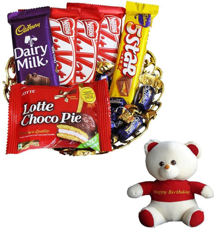 Cadbury Cute Chocolate Loaded Combo | Birthday Gift Hamper | Birthday Surprise | Birthday Gift Combo(1 Basket Of 1 Dairy Milk (13.2G),3 Pcs Kit Kat (12.8G), 1 5 Star (25G),5 Pcs Eclairs, 1 Lotte Choco Pie (25G) 1 Happy Birthday Teddy)