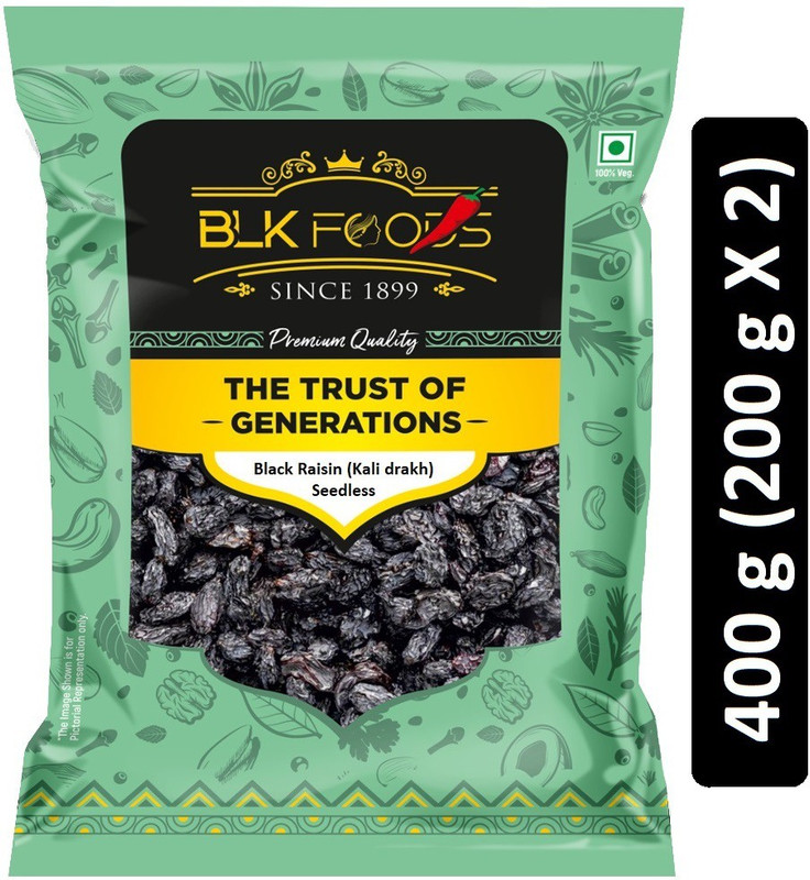 Blk Foods Select Black Raisin (Kali Drakh) Seedless 400G (2 X 200G) Raisins(2 X 200 G)