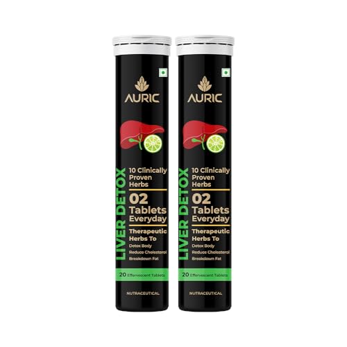 Auric Liver Detox Supplement | 40 Tablets Fizzy Water With 10 Ayurvedic Herbs | Clinically Researched Therapeutic Ingredients | Drop, Dissolve, Fizz, Drink