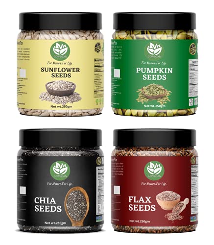 Go Vegan Raw Seeds Combo For Eating – 1Kg (Pumpkin, Chia, Sunflower And Flax Seeds – 250Gm Each, Pack Of 4)