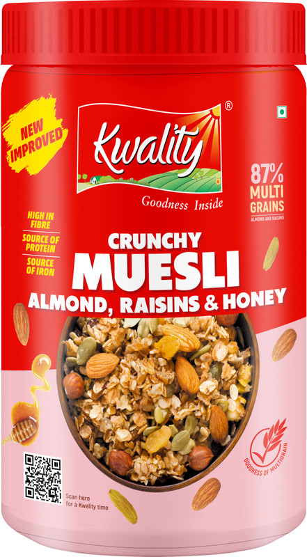 Kwality Crunchy Muesli Almonds, Raisins & Honey 87% Multigrains, High In Fiber & Protein Plastic Bottle(1 Kg)