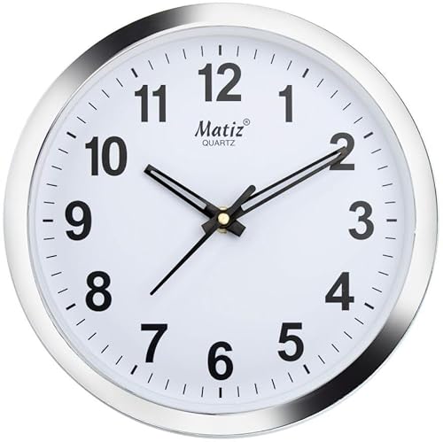Matiz 101 Round Wall Clock Silver Color Plastic Case White Dial Analog For Living Room Home Decorations Office (Size: 20 X 20 Cm)