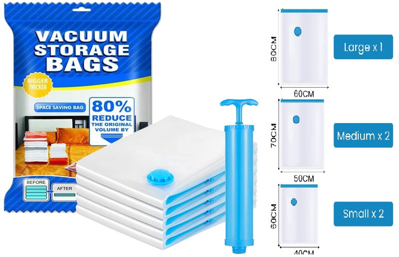Xbey Space Saver Compression Sealer With Manual Pump Hanging Travel Storage Vacuum Bags(Pack Of 5)