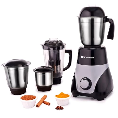 Wonderchef Vista Mixer Grinder | 4 Multi-Purpose Jars | 750W | Sharp Stainless-Steel Blades | For Masalas, Chutneys, Fresh Fruit Juices | 3-Speed Control | Advanced Safety Features | 2-Year Warranty