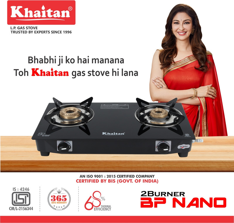 Khaitan 2 Burner Bp Nano Ms Black Glass Manual Gas Stove(2 Burners)