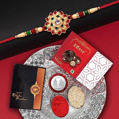 Deodap Chocolate With Rakhi Set For Brother – Golden Color Sunflower Design With Red Green Mina Rakhi With Choco Almonds (32 Gm) – Silver Color Pooja Coin, Thali & Greeting Card, Raksha Bandhan Combo